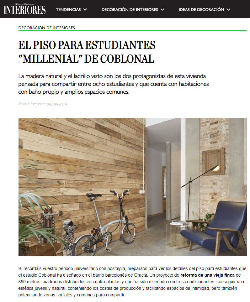 Interiores magazine publishes the shared housing we have designed in Gràcia